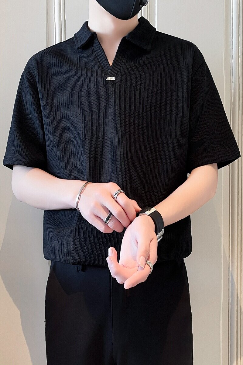 PL947-P58夏季潮男肌理感V领套头短袖POLO衫控78,男装Polo衫,电商D319