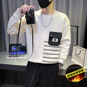 6686-P78 冬季加绒加厚男士卫衣保暖拼接条纹内搭T恤-3 控108图片