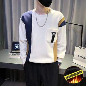6687-P78冬季拼色条纹加绒加厚保暖长袖T恤男士卫衣控108