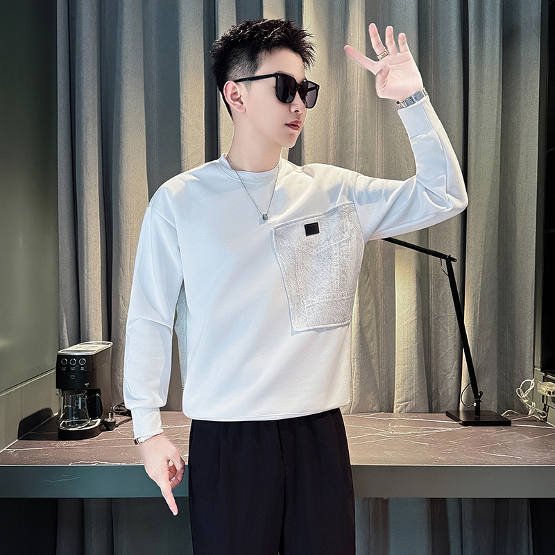 W995-P58贴布口袋卫衣男仿牛仔印花T恤春秋季长袖男装外套t，男装T恤，电商D319