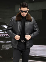 Winter Haining top-grain cowhide genuine leather jackets, men's short leather jackets, middle-aged and elderly golden mink fleece thick-lined jackets thumbnail 3