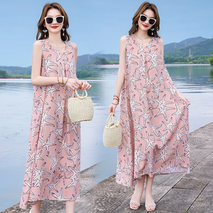 沙滩裙气质时尚 气质时尚 淑女长裙显瘦妈妈裙 无袖 棉绸连衣裙女长款