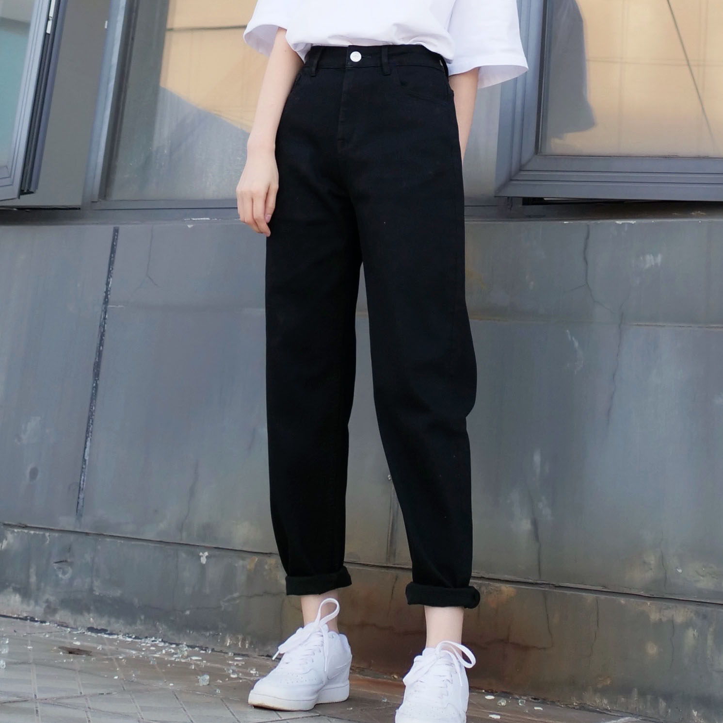 纯黑色牛仔裤女九分萝卜裤