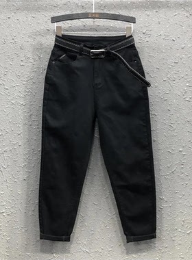 黑色哈伦老爹牛仔裤女秋冬薄绒厚绒弹力显瘦高腰宽松小脚萝卜裤