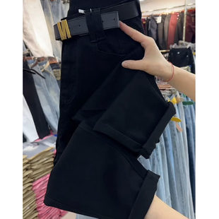 黑色高腰弹力哈伦牛仔裤 小个子 女薄绒抓绒加绒加厚宽松显瘦老爹裤