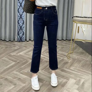 藏蓝色直筒弹力牛仔裤女秋季新款高腰修身显瘦九分烟管裤小个子潮