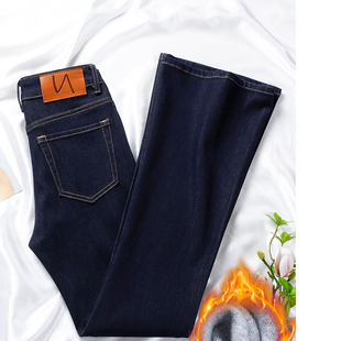 加绒丹宁蓝微喇牛仔裤女冬长裤高腰显瘦弹力修身喇叭裤加长高个子