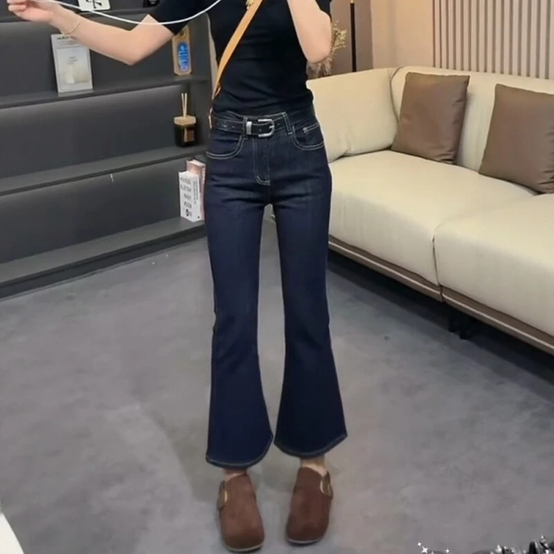 丹宁蓝牛仔裤女九分小个子高腰深蓝显瘦弹力微喇裤普洗蓝喇叭裤潮