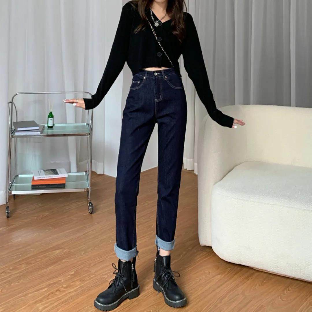 深蓝色弹力直筒牛仔裤女薄绒抓绒加绒加厚高腰显瘦宽松显高烟管裤