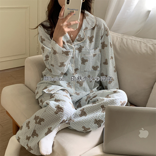 ins格子小熊带胸垫纯棉睡衣女秋冬季长袖开衫学生网红家居服套装