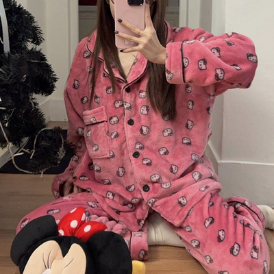 粉色HelloKitty珊瑚绒睡衣女秋冬加厚保暖甜美可爱卡通家居服套装