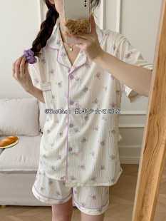 学生少女甜美居家服套装 网红ins可爱小兔睡衣女夏季 开衫 薄款 短袖