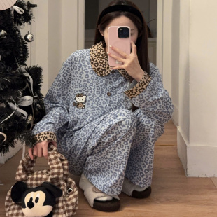 2025新款秋季睡衣女纯棉长袖豹纹卡通KT猫日系家居服春秋甜美套装