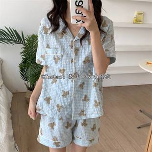 薄款 韩系小熊格子纯棉睡衣女夏季 自带胸垫可爱风甜美家居服两件套