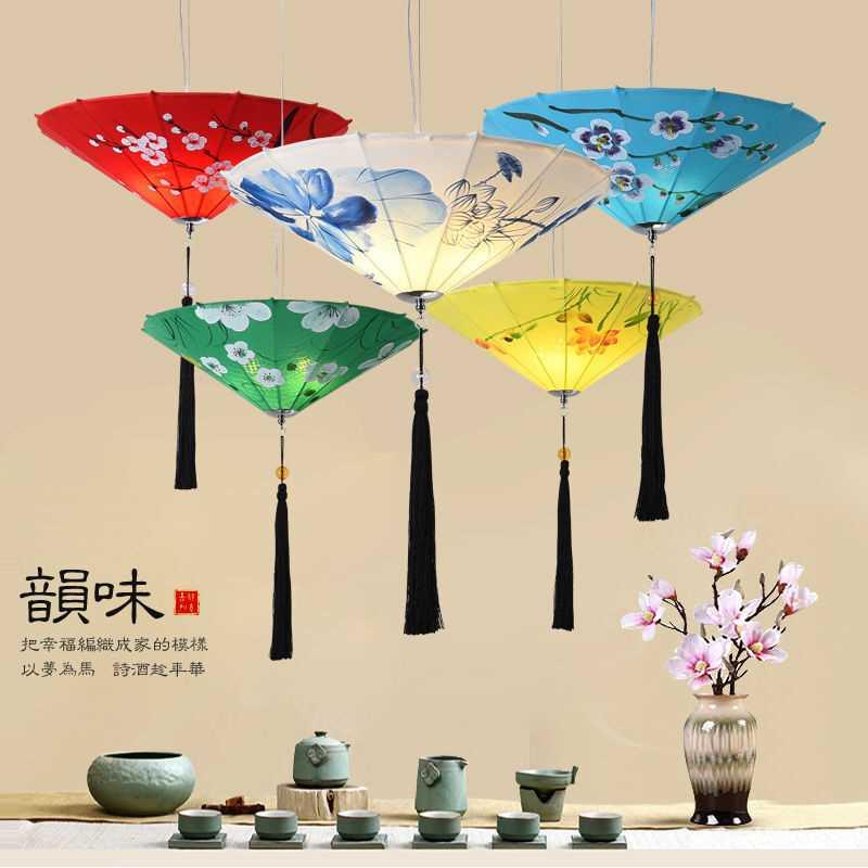 新中式雨伞小吊灯创意手绘布艺伞灯复古典火锅店餐厅饭店古典灯笼