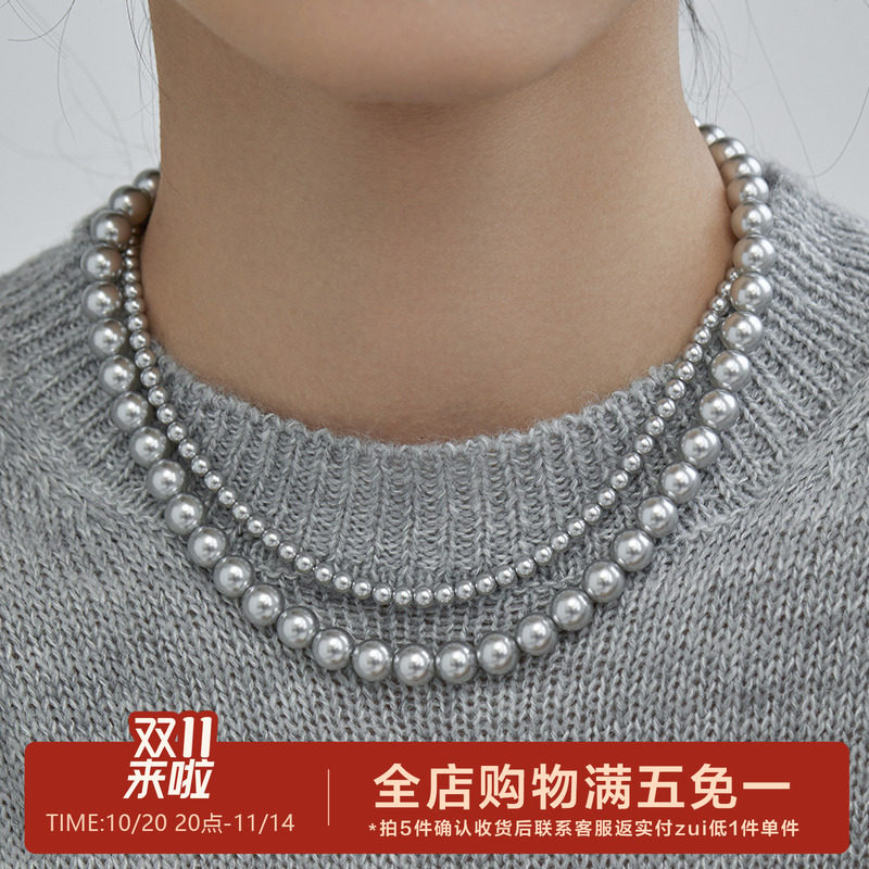 有北手作 施家真多麻灰色珍珠项链女轻奢时髦休闲高级感毛衣颈链