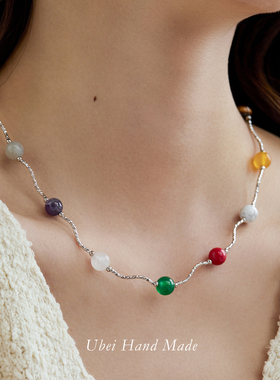 有北手作 多巴胺彩色天然石玛瑙串珠项链小众设计度假风锁骨链夏