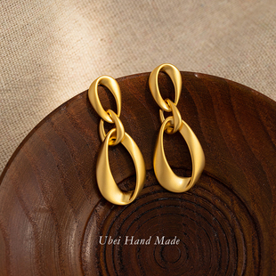 有北手作 双环拼接耳环小众设计欧美显脸瘦哑金色镂空圈圈银耳饰