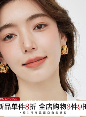 有北手作 小众高级感气质镂空金属绕线耳环复古港风C形圈圈耳钉