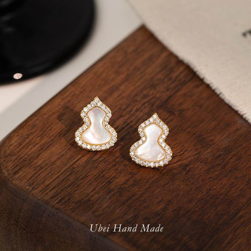 有北手作 中式锆石天然白贝母平安葫芦耳钉气质轻奢高级百搭耳饰,饰品/流行首饰/时尚饰品新,耳钉,淘宝优惠券,粉丝福利购,淘宝优惠卷