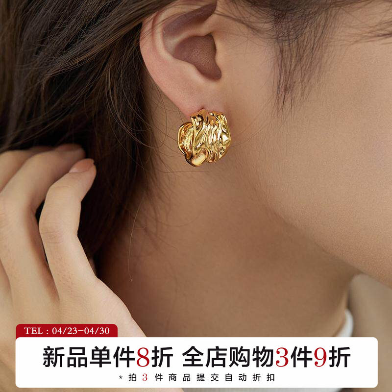 有北手作 时尚简约小众设计高级感圆圈耳环气质金属褶皱耳钉女