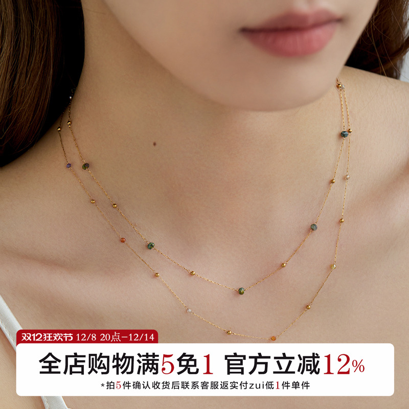 法式复古天然石切面超细项链