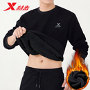 特步加绒加厚卫衣男秋冬宽松大码 无帽套头上衣 运动服休闲保暖长袖