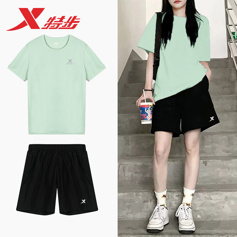 特步运动套装女2026夏季新款大码情侣短袖T恤五分裤子短裤两件套