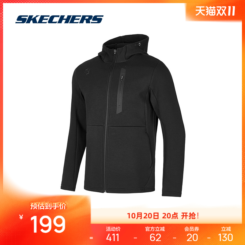斯凯奇秋季新品男士针织连帽外套碳黑色经典复古配色舒适不易起球