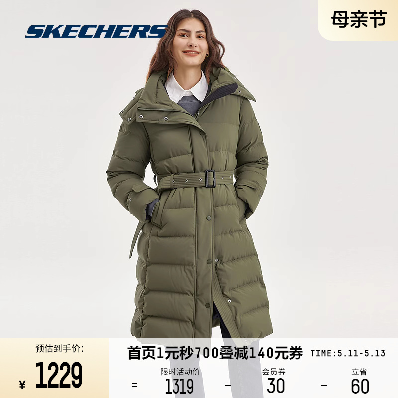 Skechers斯凯奇女子梭织中长款羽绒服外套修身收腰上衣时尚百搭