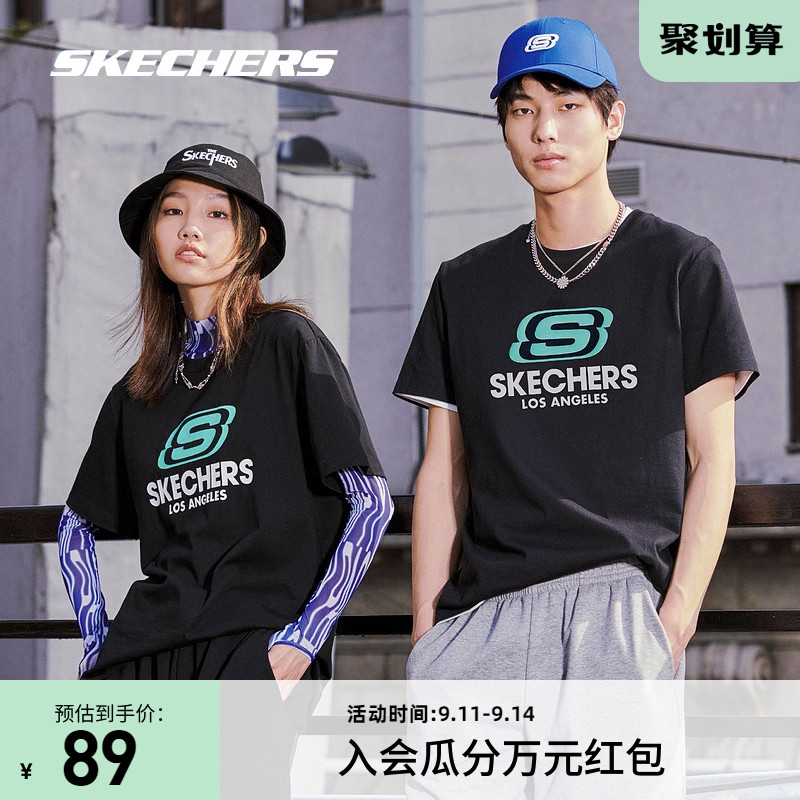 Skechers斯凯奇2023年情侣t恤女上衣体恤休闲宽松圆领运动短袖男