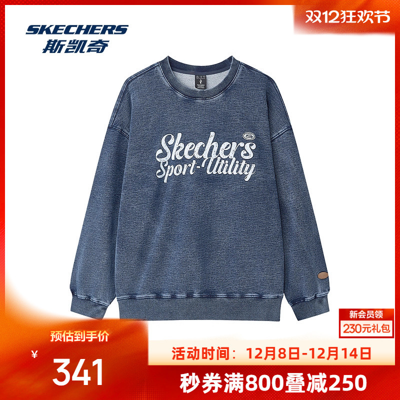 斯凯奇男女复古丹宁宽松圆领卫衣