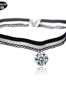 原宿蕾丝夜店黑色超闪锆石锁骨链