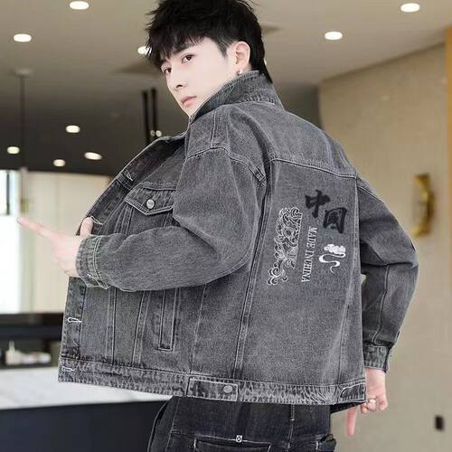 秋冬季青少年中国风刺绣牛仔外套男韩版潮流帅气夹克宽松百搭上衣