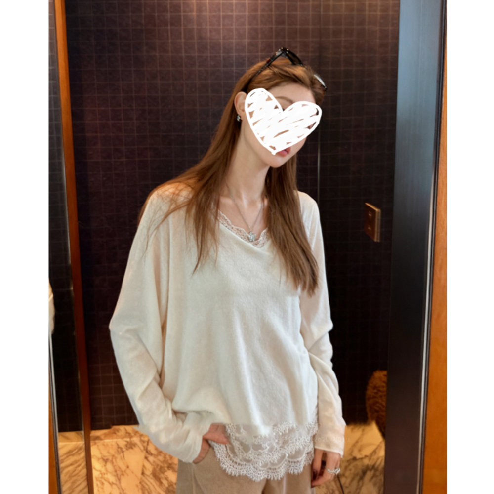 欧美风蕾丝V领德绒长袖T恤