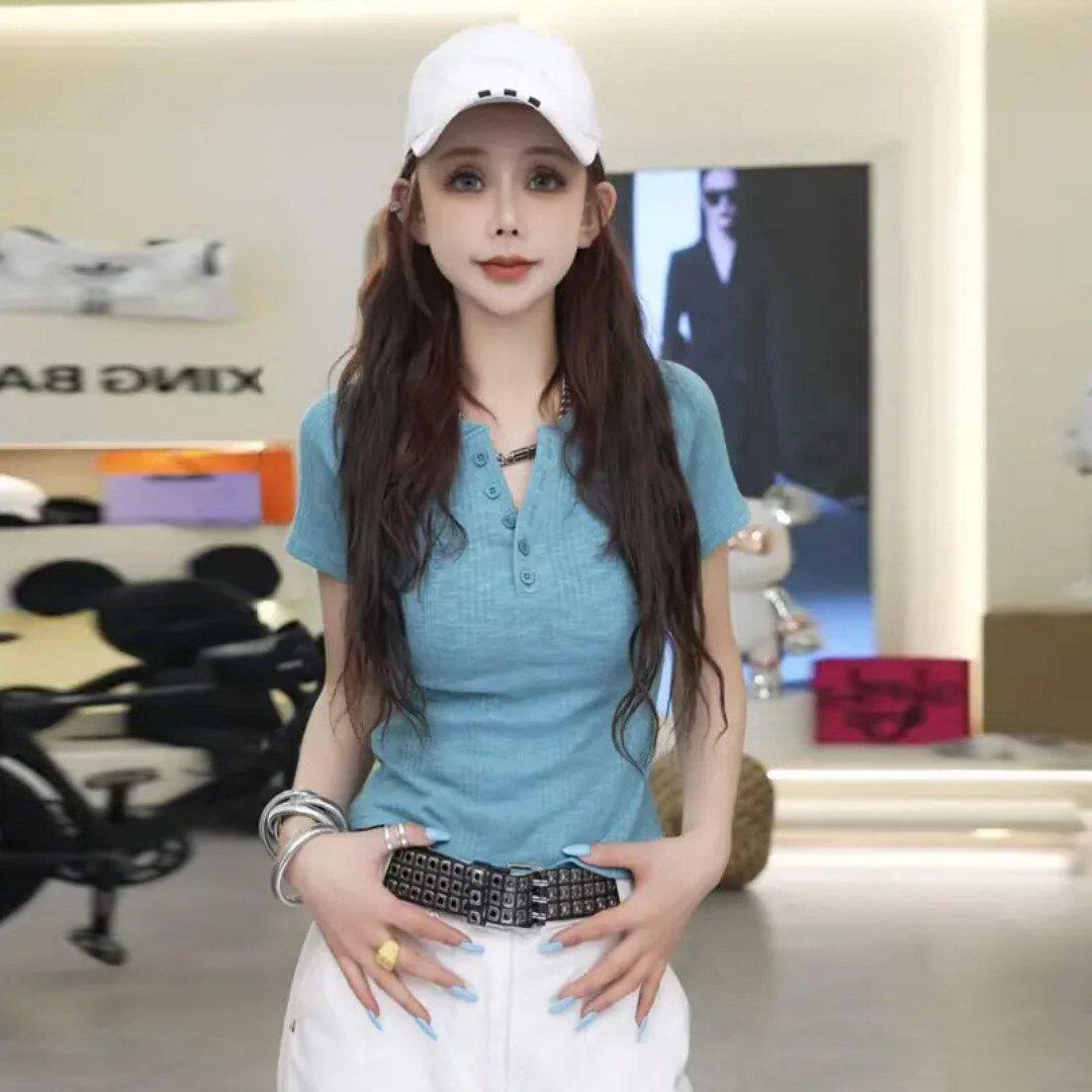 竹节棉夏季新款V领纽扣纯欲设计感上衣女韩系修身显瘦百搭短袖T恤