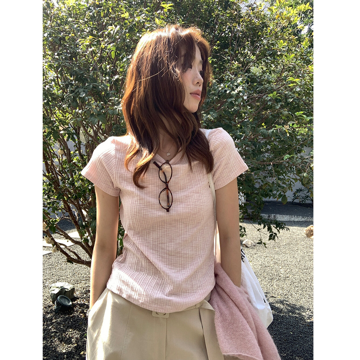韩系粉色纹理短袖t恤女夏季圆领正肩修身短款半袖上衣内搭打底衫