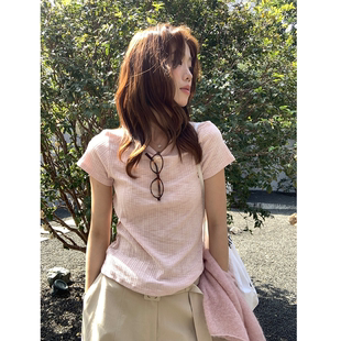 韩系粉色纹理短袖t恤女夏季圆领正肩修身短款半袖上衣内搭打底衫