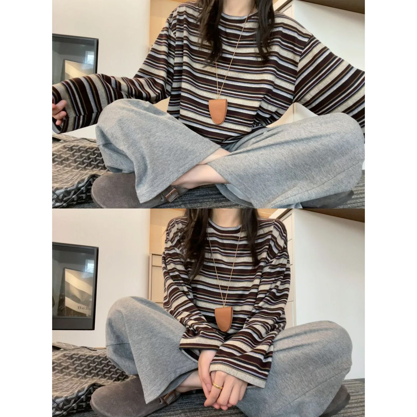 长袖宽松休闲潮牌女款条纹T恤衣服春秋新款洋气2026薄款显瘦上衣