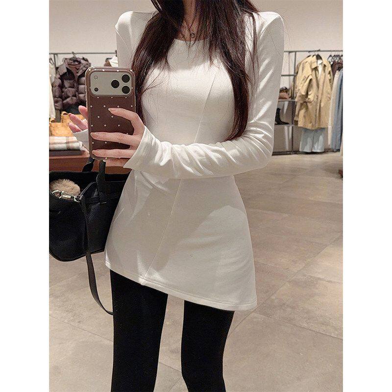 初春不规则中长款圆领修身纯棉长袖T恤女显瘦百搭白色打底内搭款