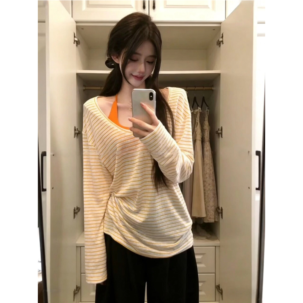 夏季新款女款宽松显瘦条纹长袖T恤女防晒罩衫慵懒松弛时尚百搭风