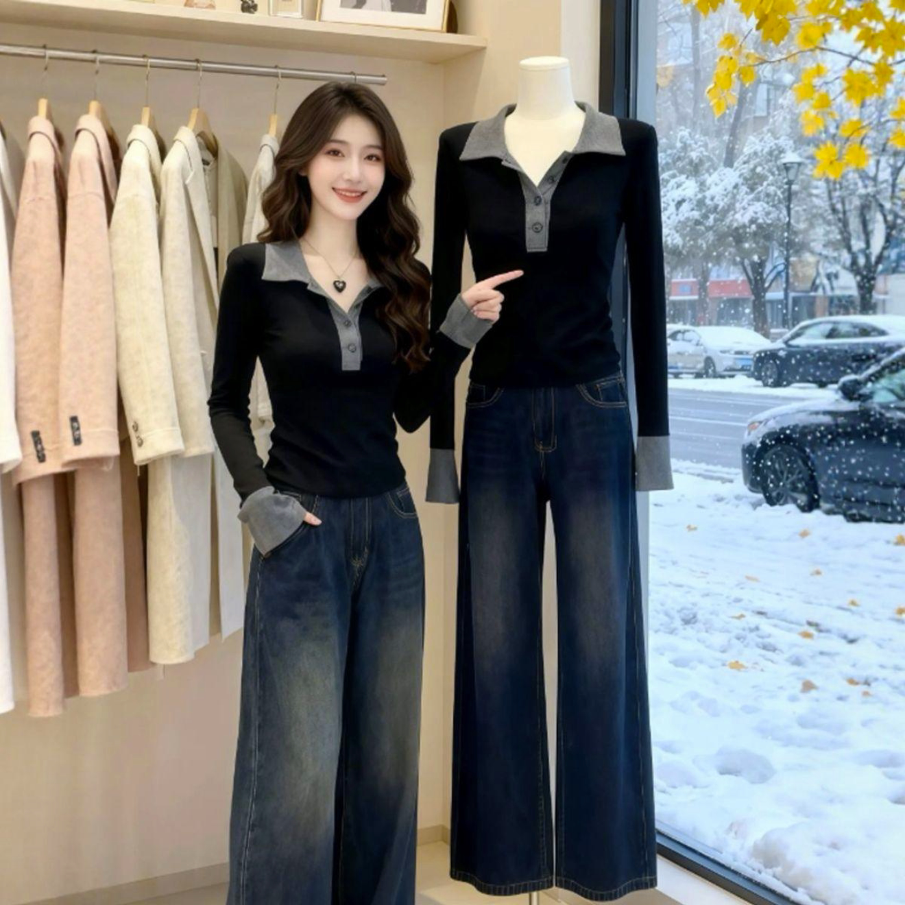 黑灰色polo领修身显示拼接假两件长袖T恤女春秋季高级感白搭上衣
