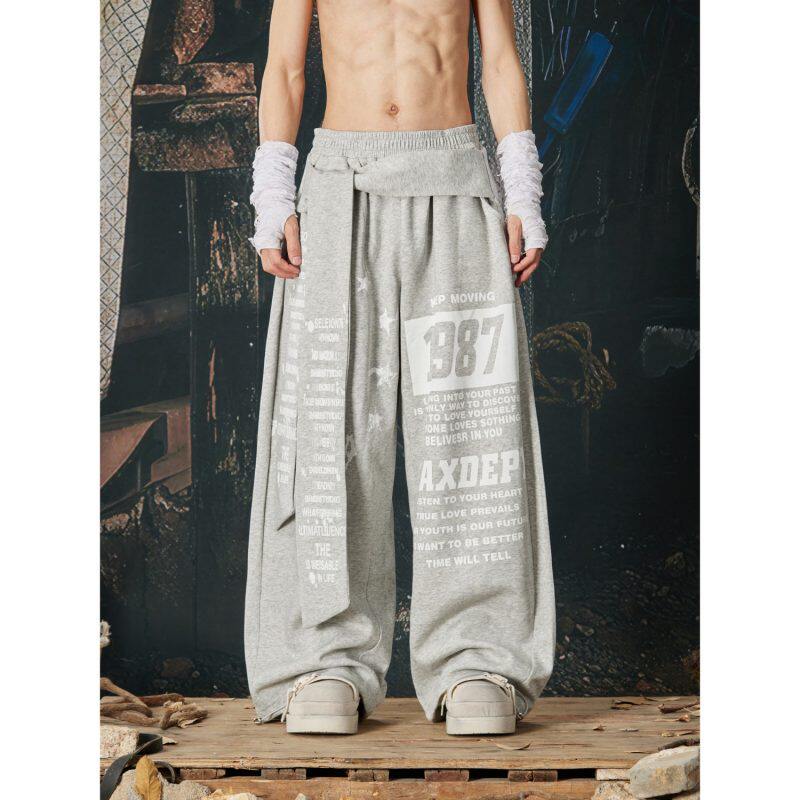 复古火焰字母美式街头泽西运动风印花绑带松紧宽松休闲裤卫裤