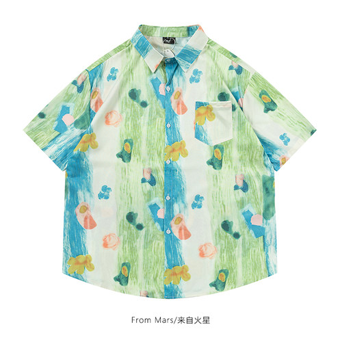 满印花衬衫宽松情侣短袖衬衣