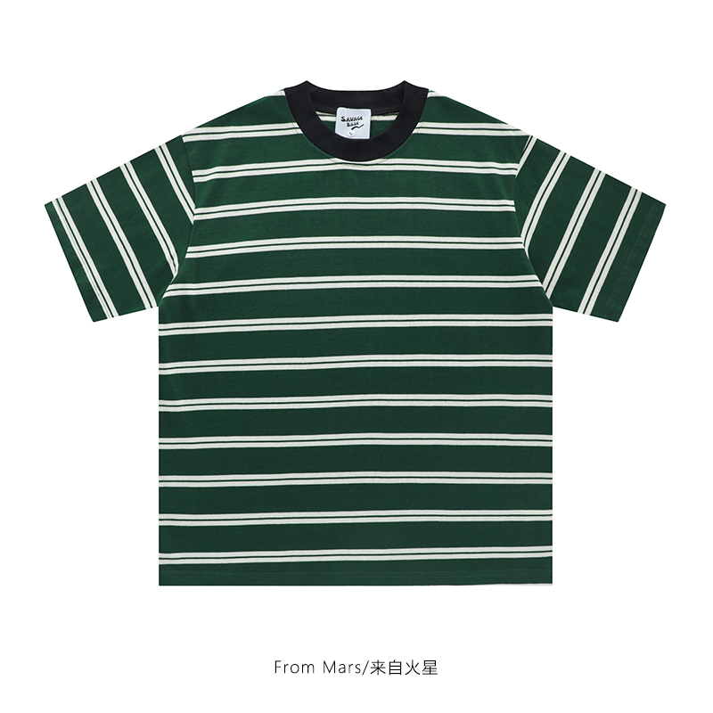 条纹圆领T恤bf男女宽松休闲短袖