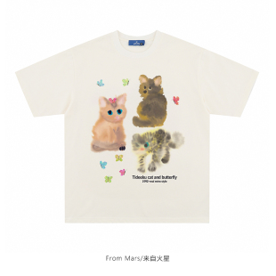 原宿风夏季 From Mars 猫咪与蝴蝶 动物趣味印花休闲百搭小众短袖