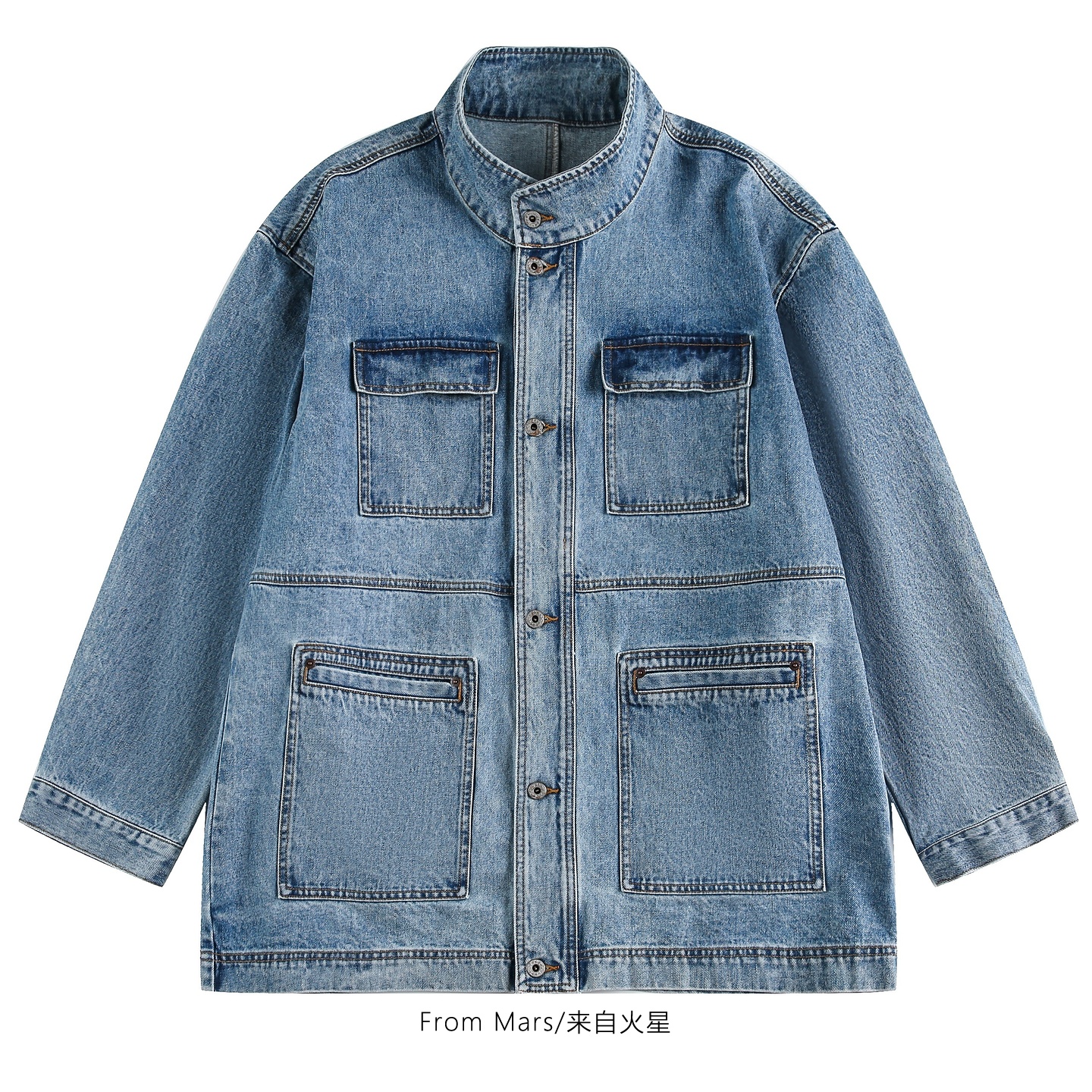 多口袋宽松男女中长牛仔夹克外套