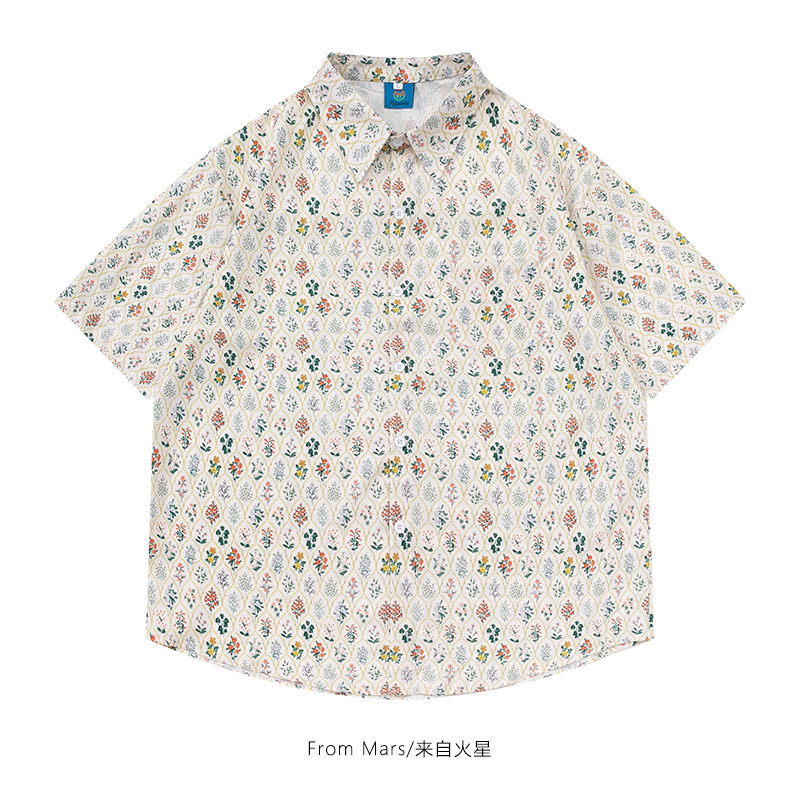 from mars格子里是什么 欧式复古菱形花卉满印短袖衬衫宽松情侣bf