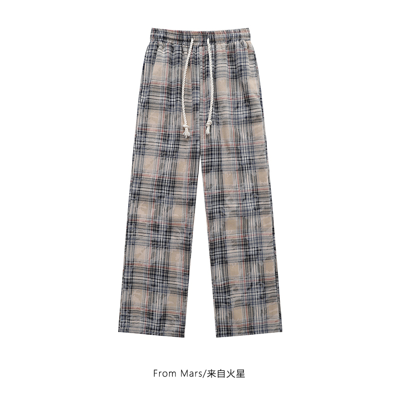 休闲直筒格子印花宽松阔腿长裤