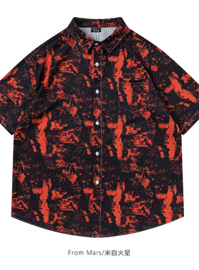 From Mars 染上红色 美式潮牌扎染设计感男宽松夏季休闲短袖衬衫